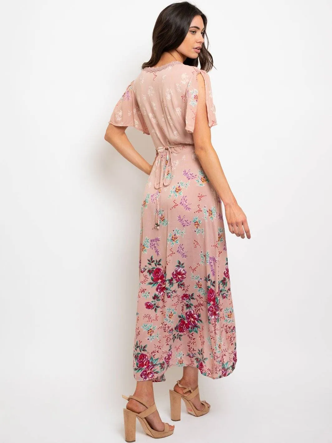 WOMEN'S CROCHET DETAIL FLORAL WRAP DRESS