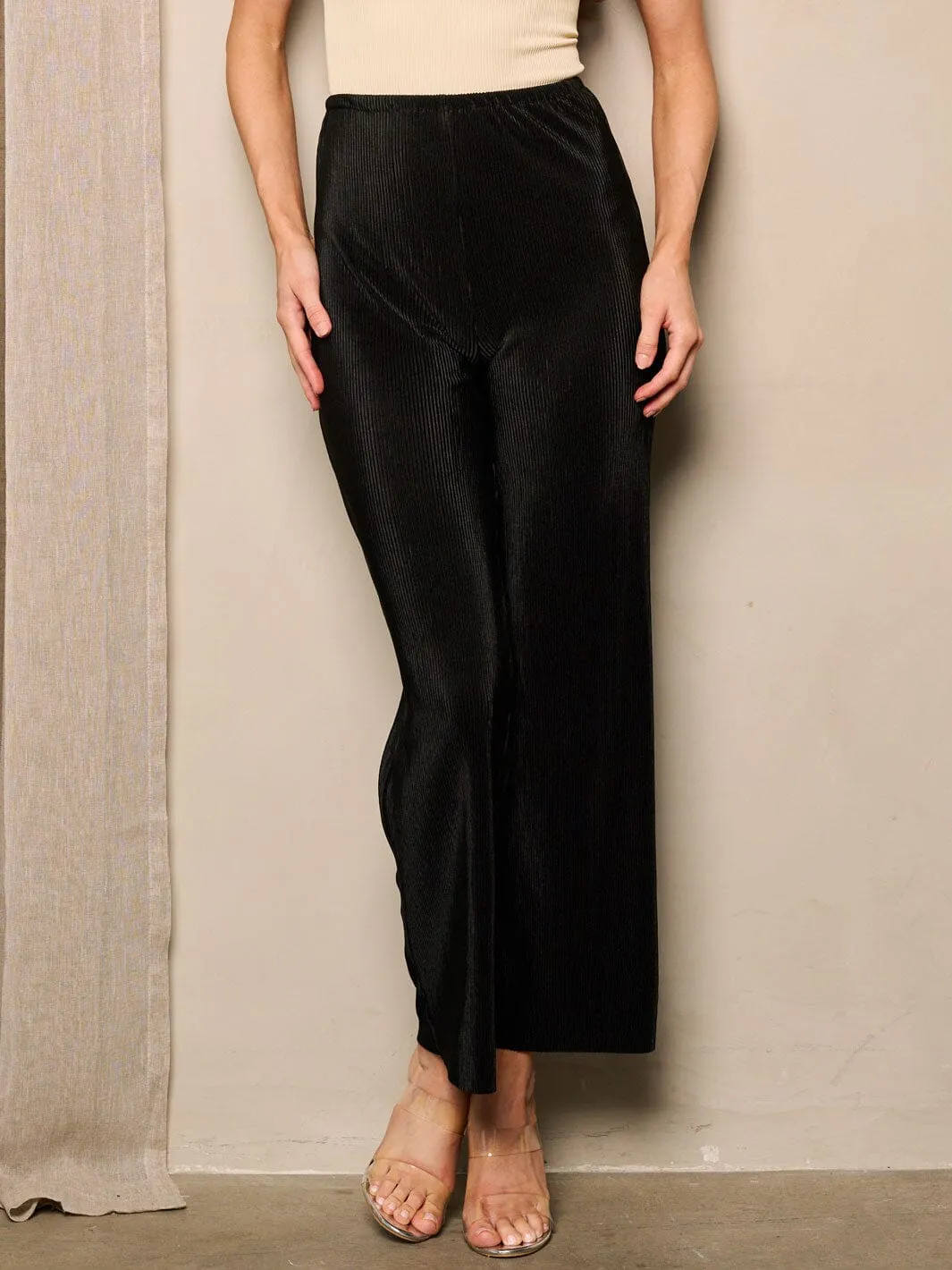 WOMEN'S ELASTIC WAIST PLEATED WIDE LEG PANTS