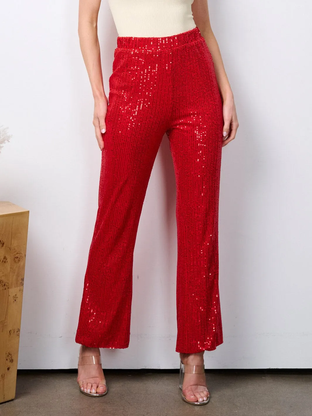 WOMEN'S ELASTIC WAIST SEQUINS WIDE LED PANTS