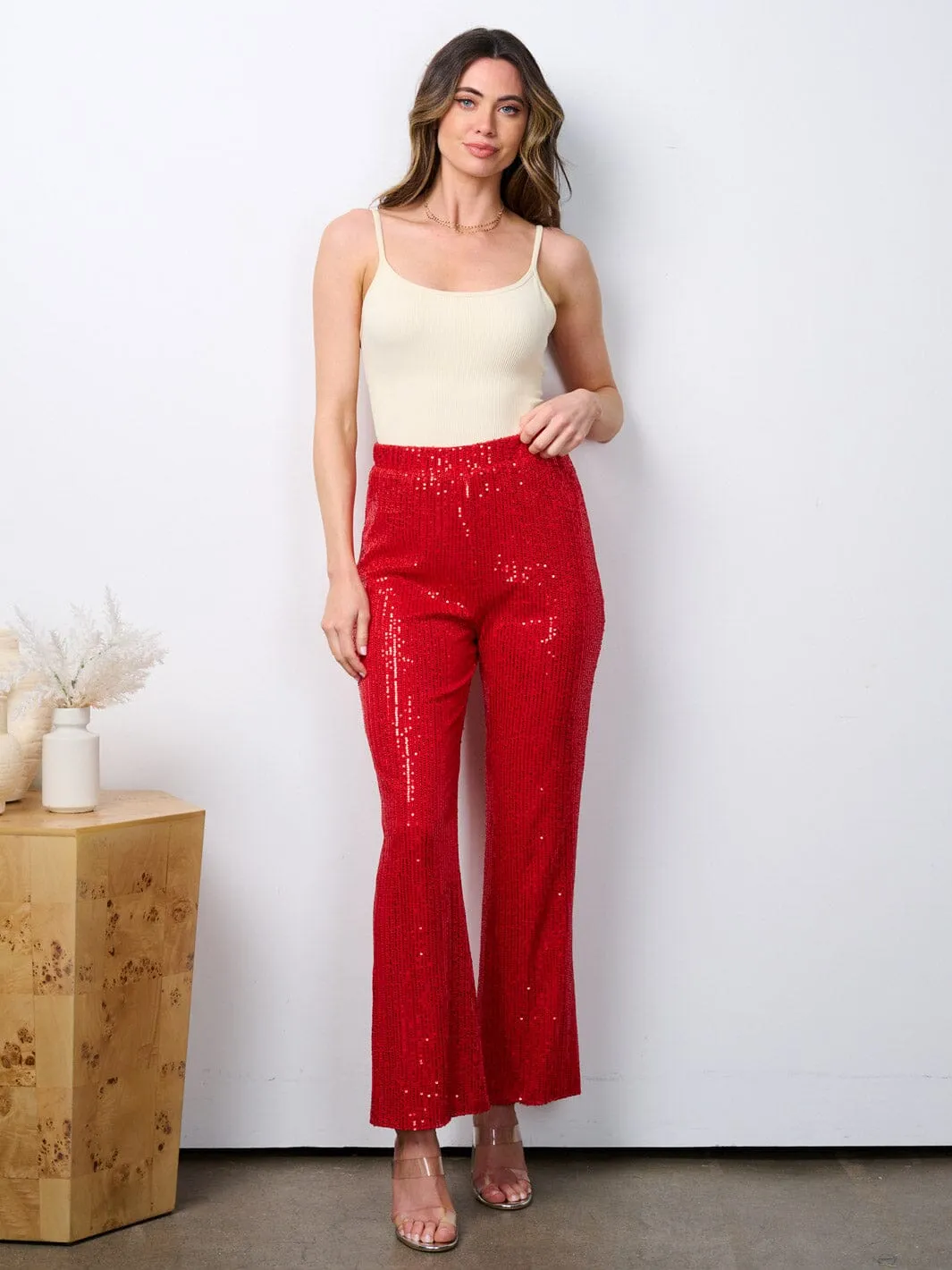 WOMEN'S ELASTIC WAIST SEQUINS WIDE LED PANTS