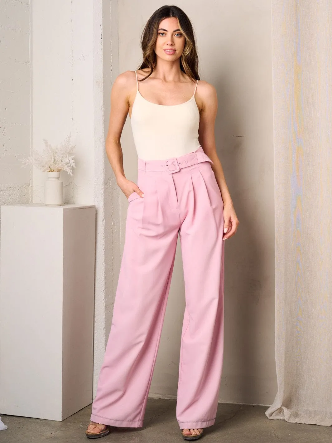 WOMEN'S FRONT BELT PLEATED POCKETS WIDE LEG PANTS