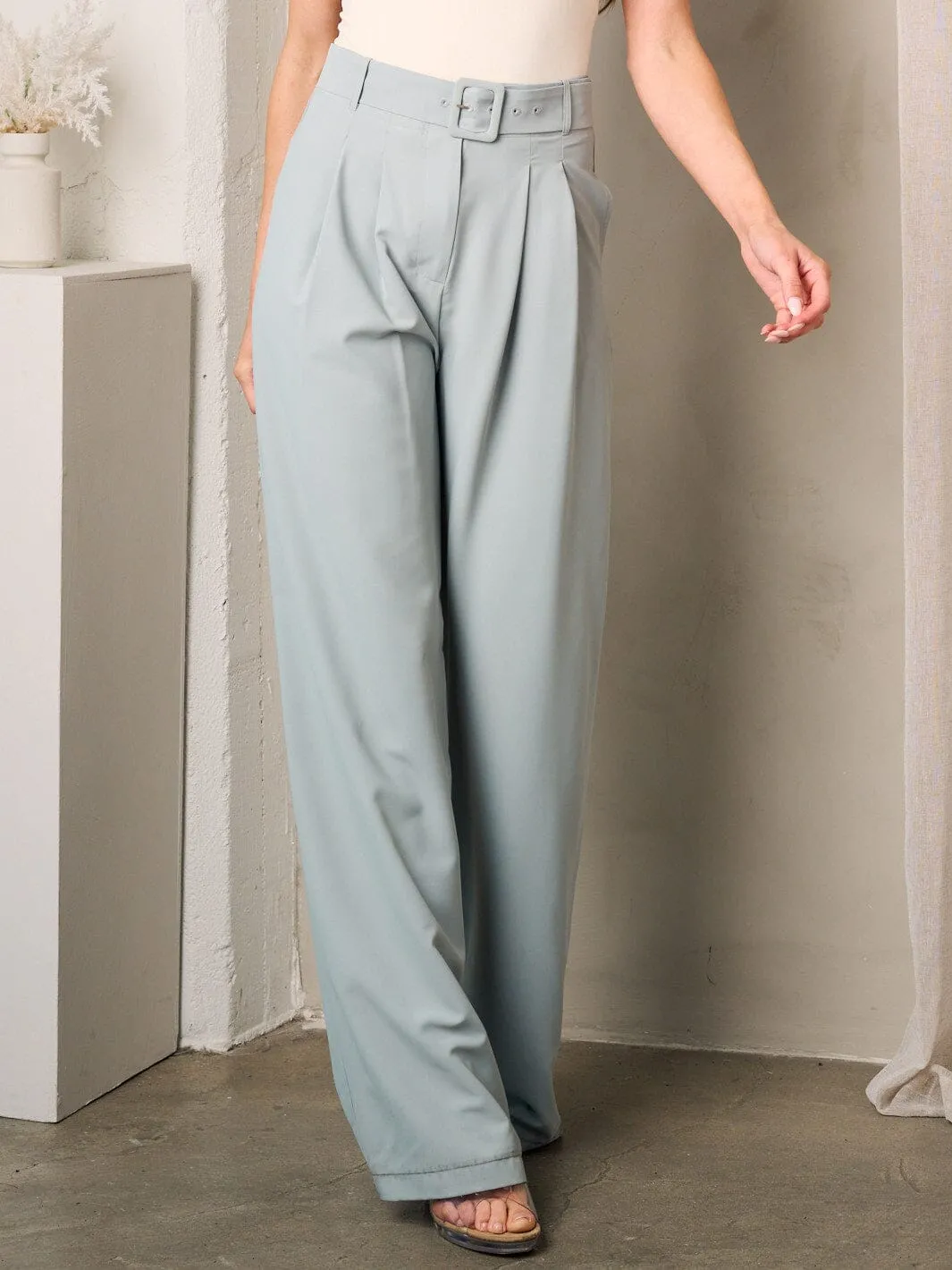 WOMEN'S FRONT BELT PLEATED POCKETS WIDE LEG PANTS