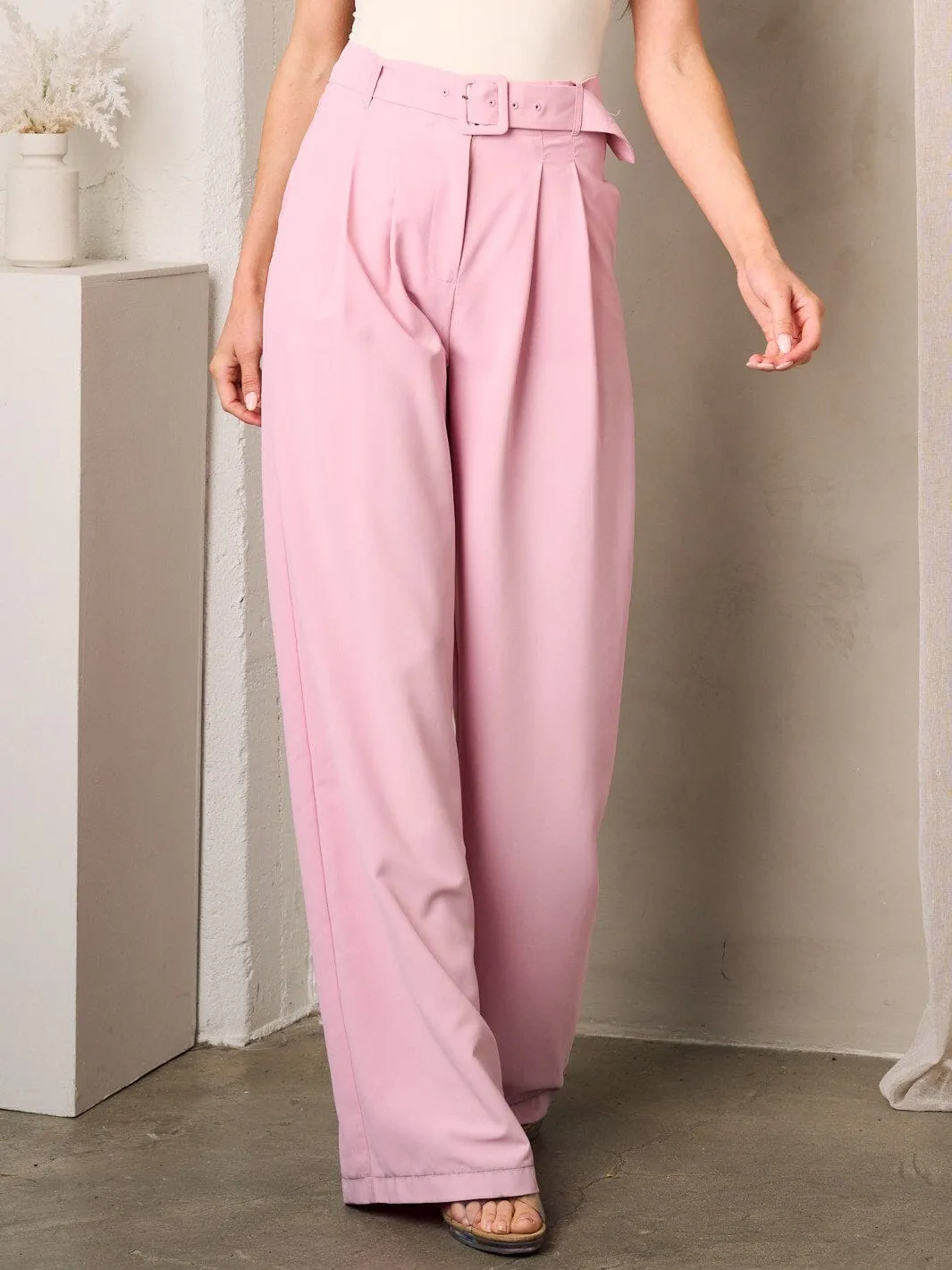 WOMEN'S FRONT BELT PLEATED POCKETS WIDE LEG PANTS