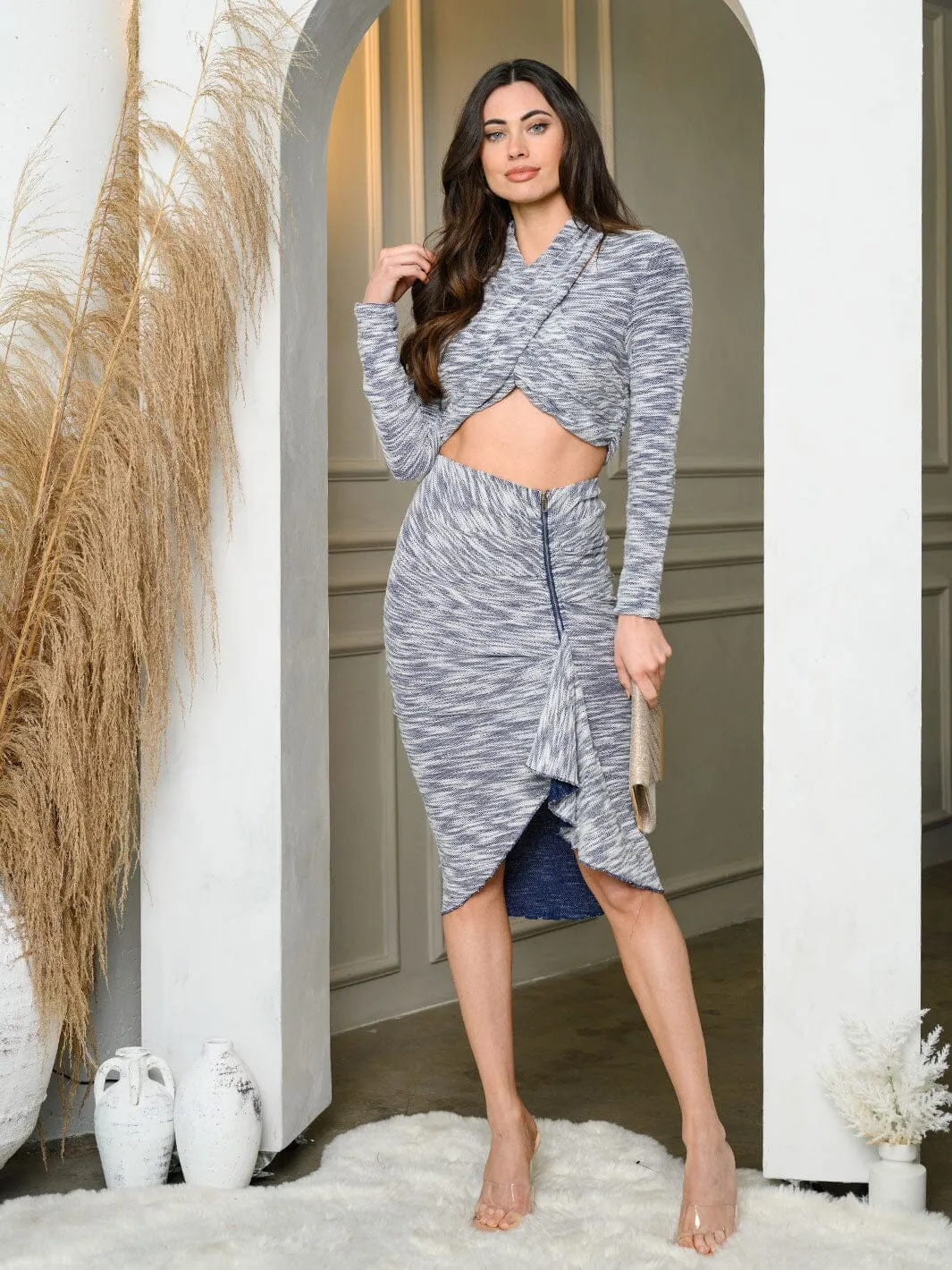 WOMEN'S LONG SLEEVE CROP TOP & SIDE ZIPPER MIDI SKIRT SET
