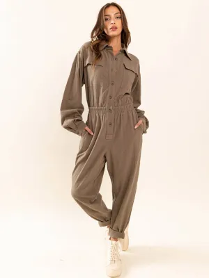 WOMEN'S LONG SLEEVE ELASTIC WAIST POCKETS JUMPSUIT