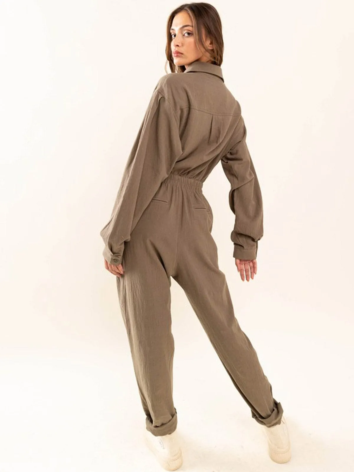 WOMEN'S LONG SLEEVE ELASTIC WAIST POCKETS JUMPSUIT