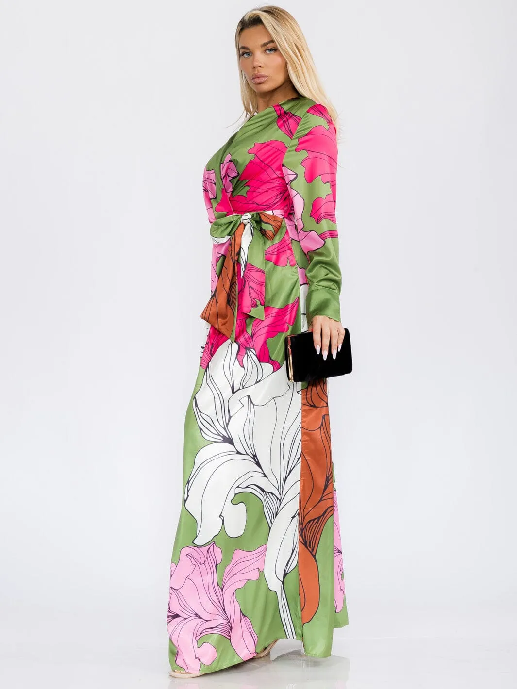 WOMEN'S LONG SLEEVE WRAP FLORAL PRINT MAXI DRESS