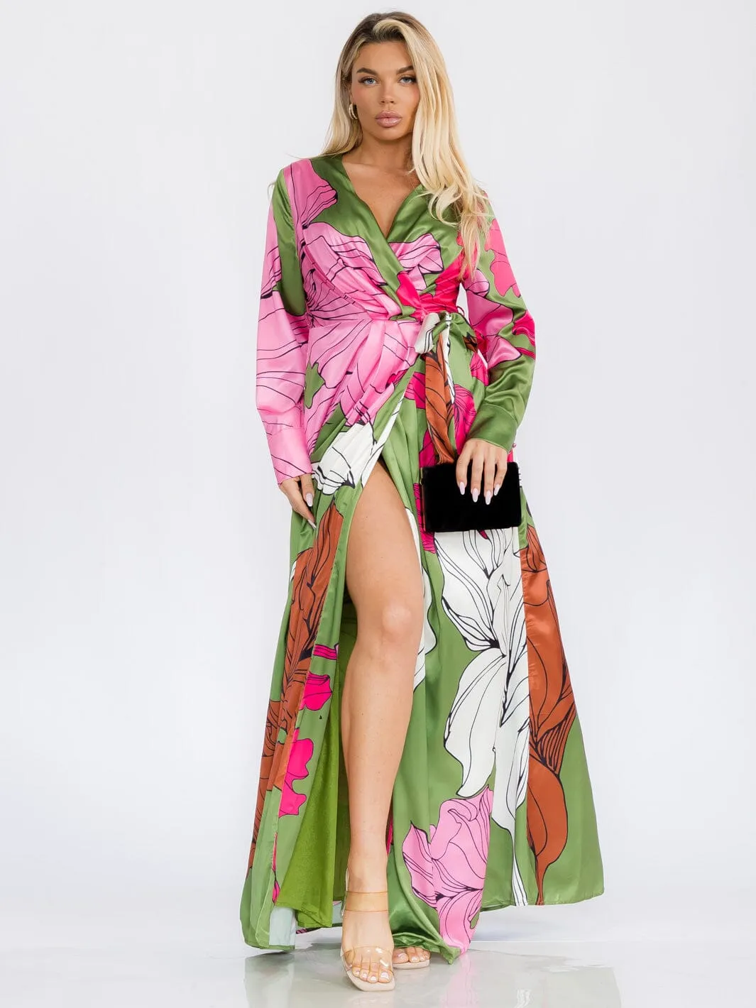 WOMEN'S LONG SLEEVE WRAP FLORAL PRINT MAXI DRESS