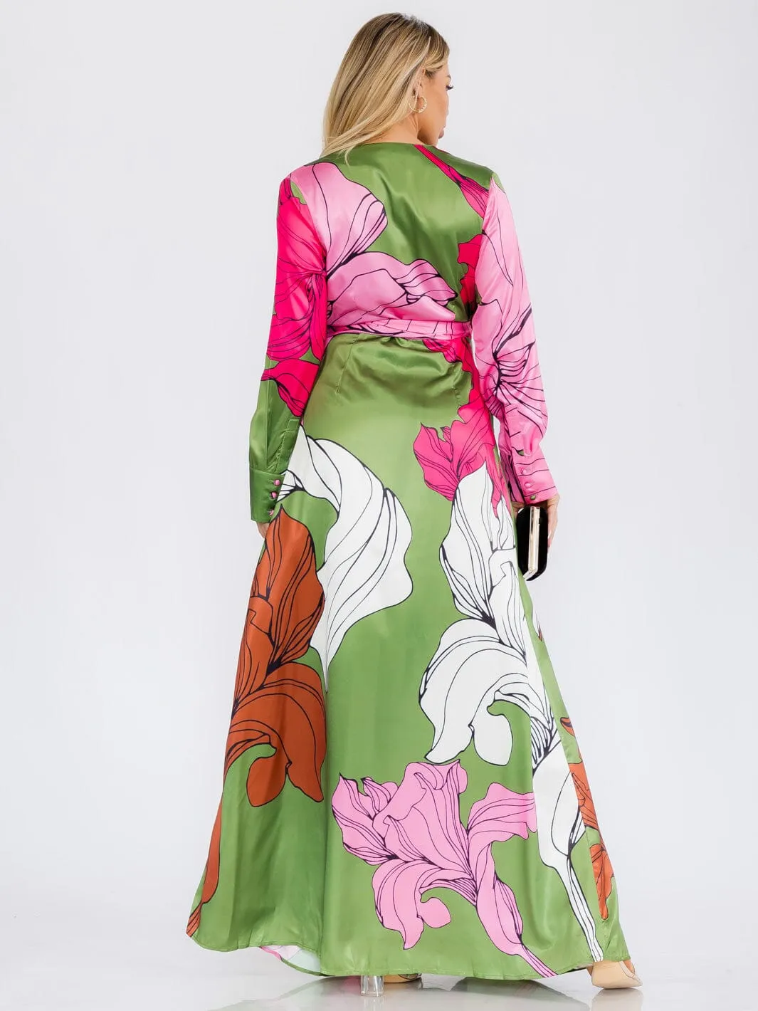 WOMEN'S LONG SLEEVE WRAP FLORAL PRINT MAXI DRESS