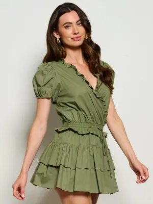 WOMEN'S SHORT PUFF SLEEVE SURPLICE RUFFLE SMOCK WAIST ROMPER