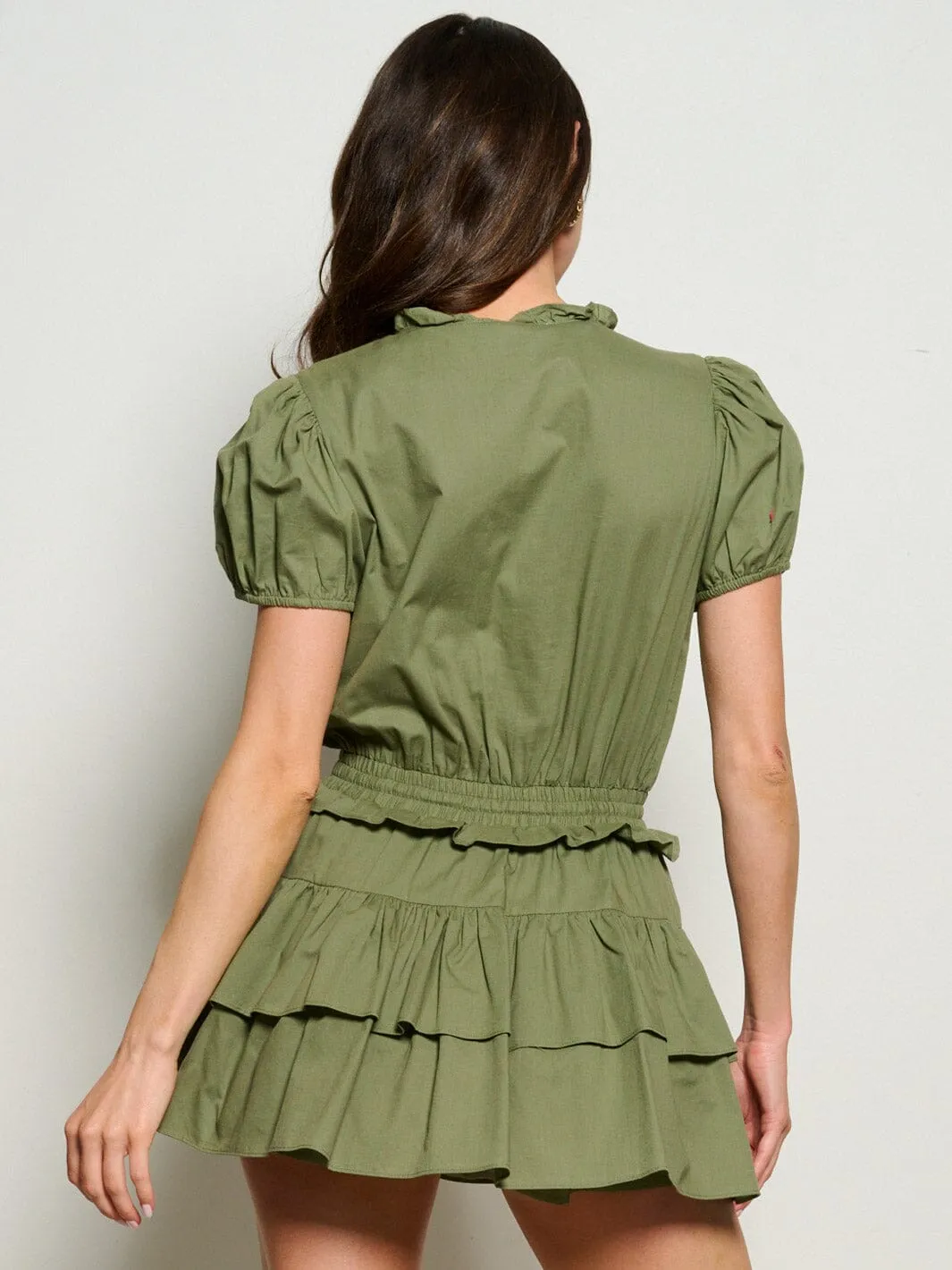 WOMEN'S SHORT PUFF SLEEVE SURPLICE RUFFLE SMOCK WAIST ROMPER