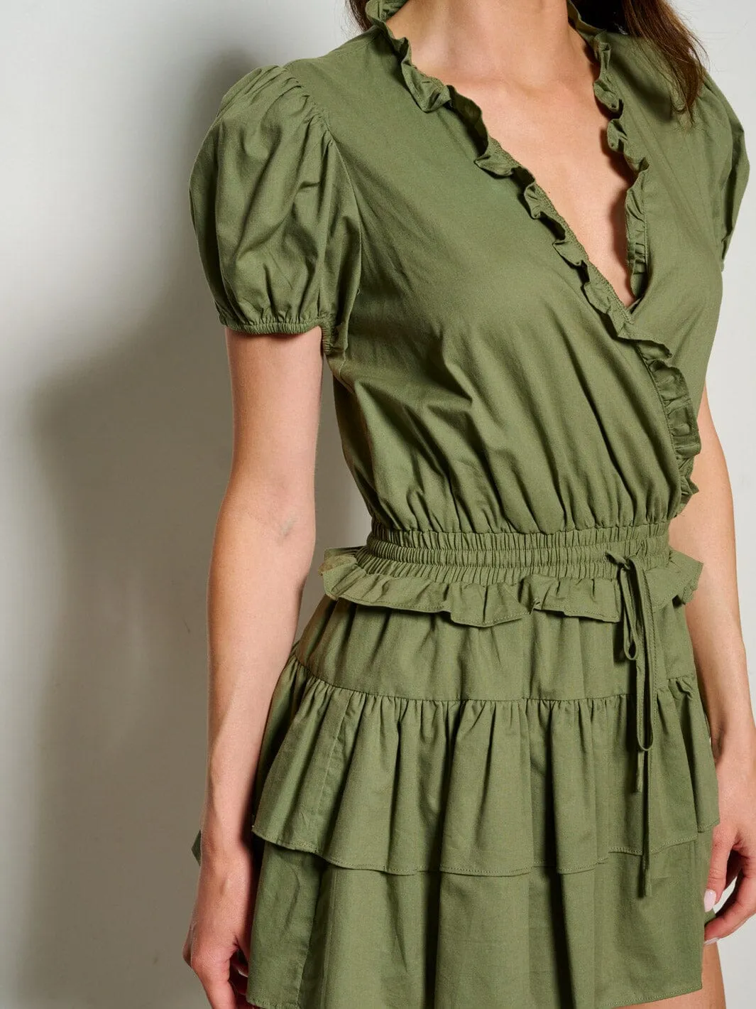 WOMEN'S SHORT PUFF SLEEVE SURPLICE RUFFLE SMOCK WAIST ROMPER