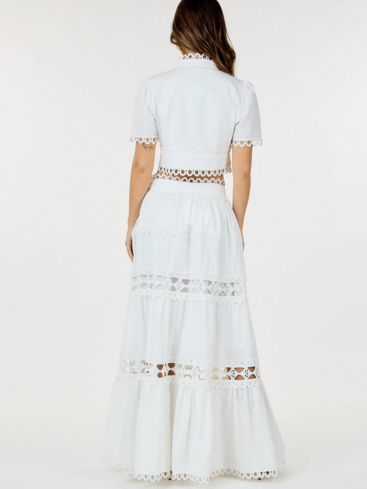 WOMEN'S SHORT SLEEVE CROP TOP & ZIP UP SKIRT EYELET DETAILED 2PC. SET