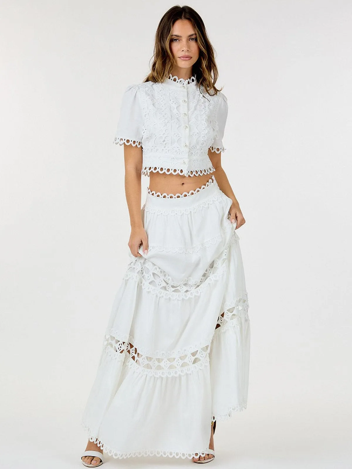 WOMEN'S SHORT SLEEVE CROP TOP & ZIP UP SKIRT EYELET DETAILED 2PC. SET