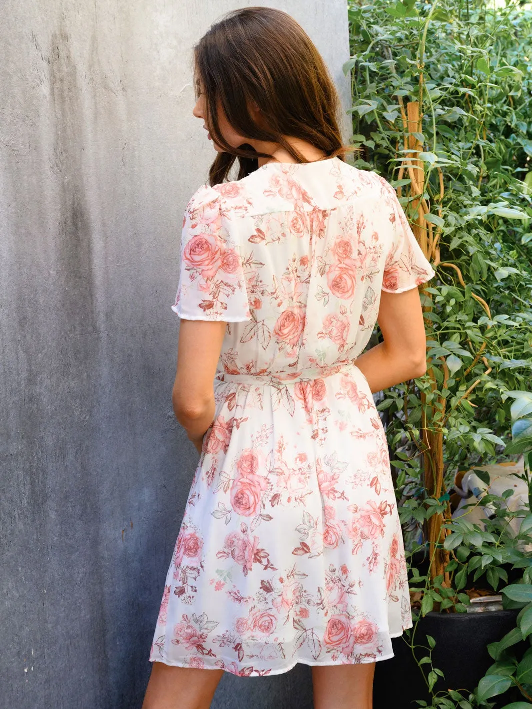 WOMEN'S SHORT SLEEVE FLORAL WRAP MINI DRESS
