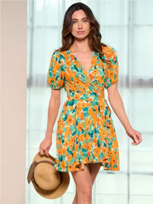 WOMEN'S SHORT SLEEVE WRAP FLORAL MINI DRESS