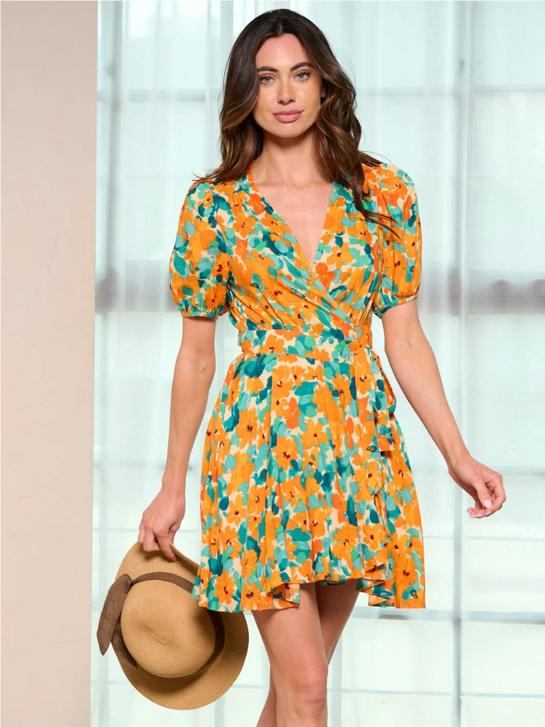 WOMEN'S SHORT SLEEVE WRAP FLORAL MINI DRESS