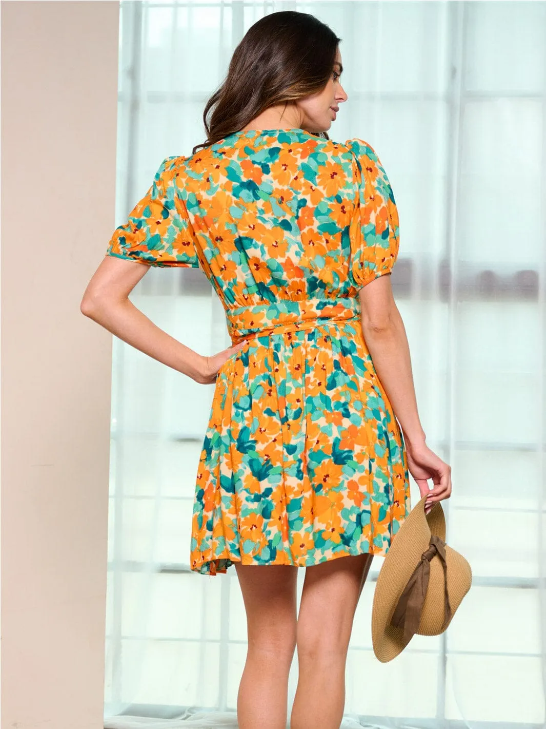 WOMEN'S SHORT SLEEVE WRAP FLORAL MINI DRESS