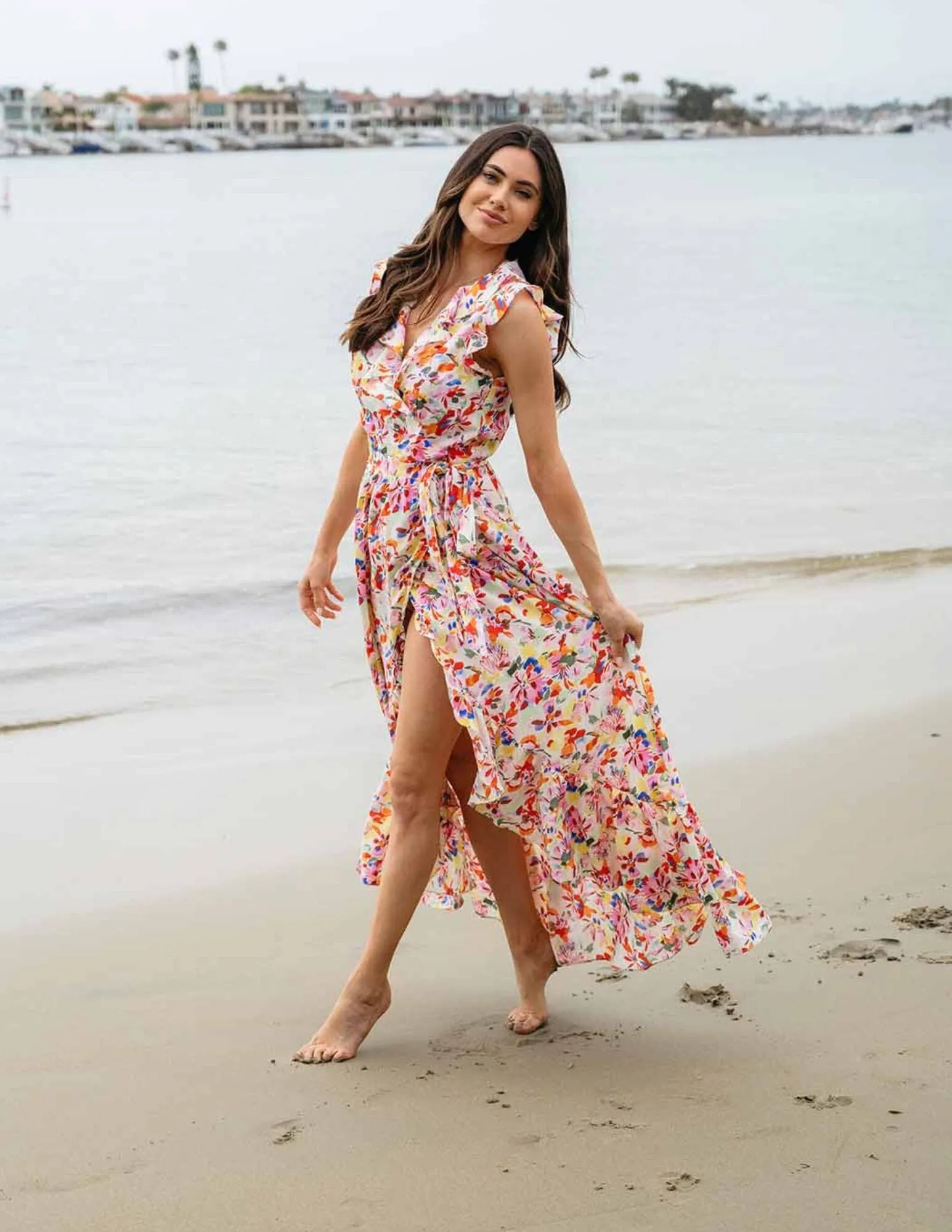 WOMEN'S SLEEVELESS RUFFLE WRAP FLORAL MAXI DRESS