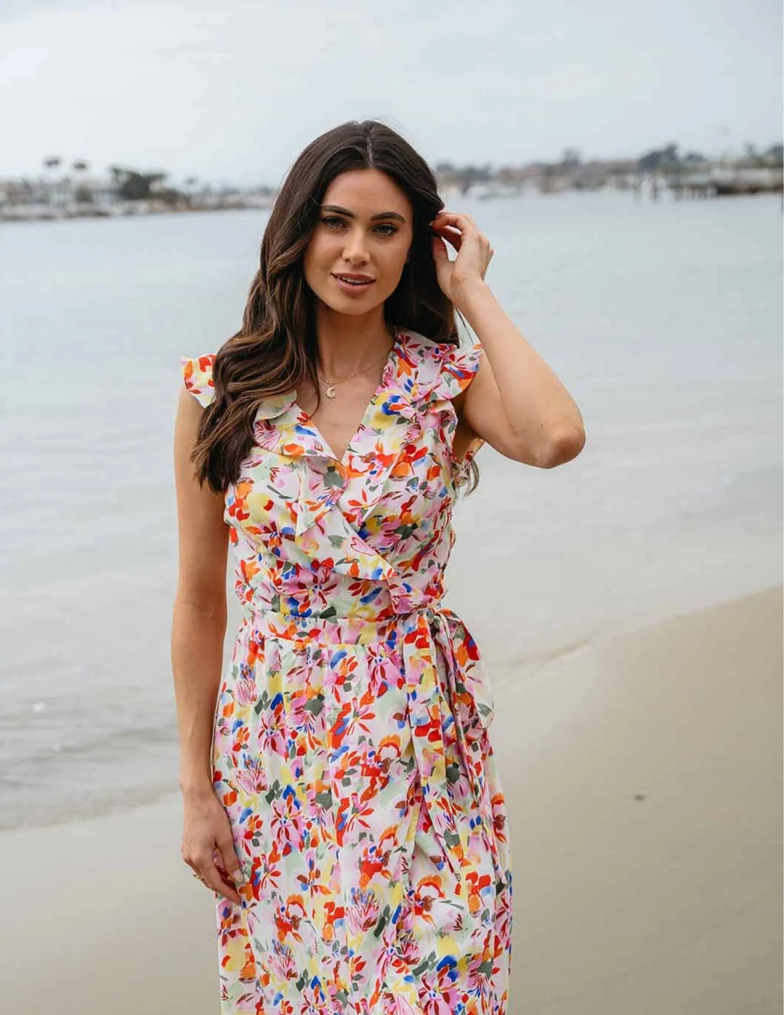 WOMEN'S SLEEVELESS RUFFLE WRAP FLORAL MAXI DRESS