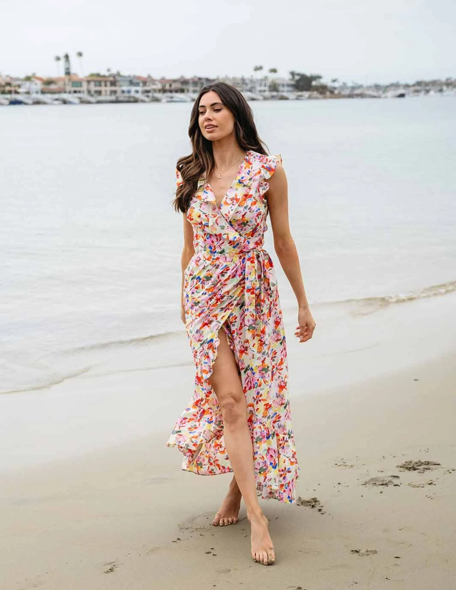 WOMEN'S SLEEVELESS RUFFLE WRAP FLORAL MAXI DRESS