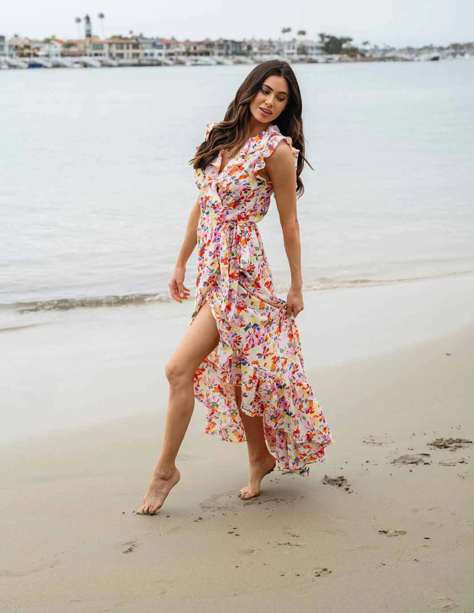 WOMEN'S SLEEVELESS RUFFLE WRAP FLORAL MAXI DRESS