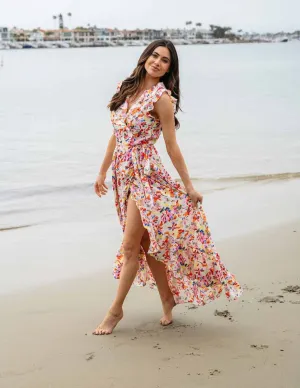 WOMEN'S SLEEVELESS RUFFLE WRAP FLORAL MAXI DRESS