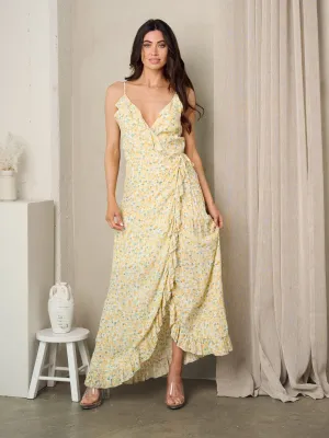 WOMEN'S SLEEVELESS WRAP RUFFLE FLORAL MAXI DRESS