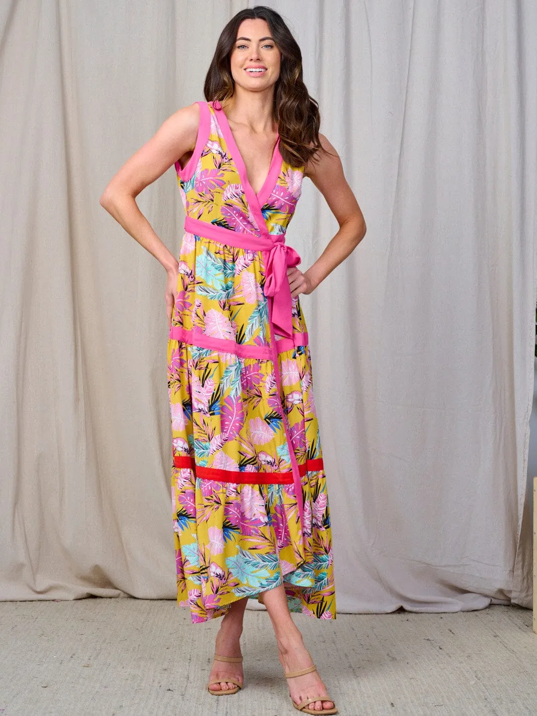 WOMEN'S SLEEVELESSTIERED COLORBLOCK FLORAL WRAP MAXI DRESS