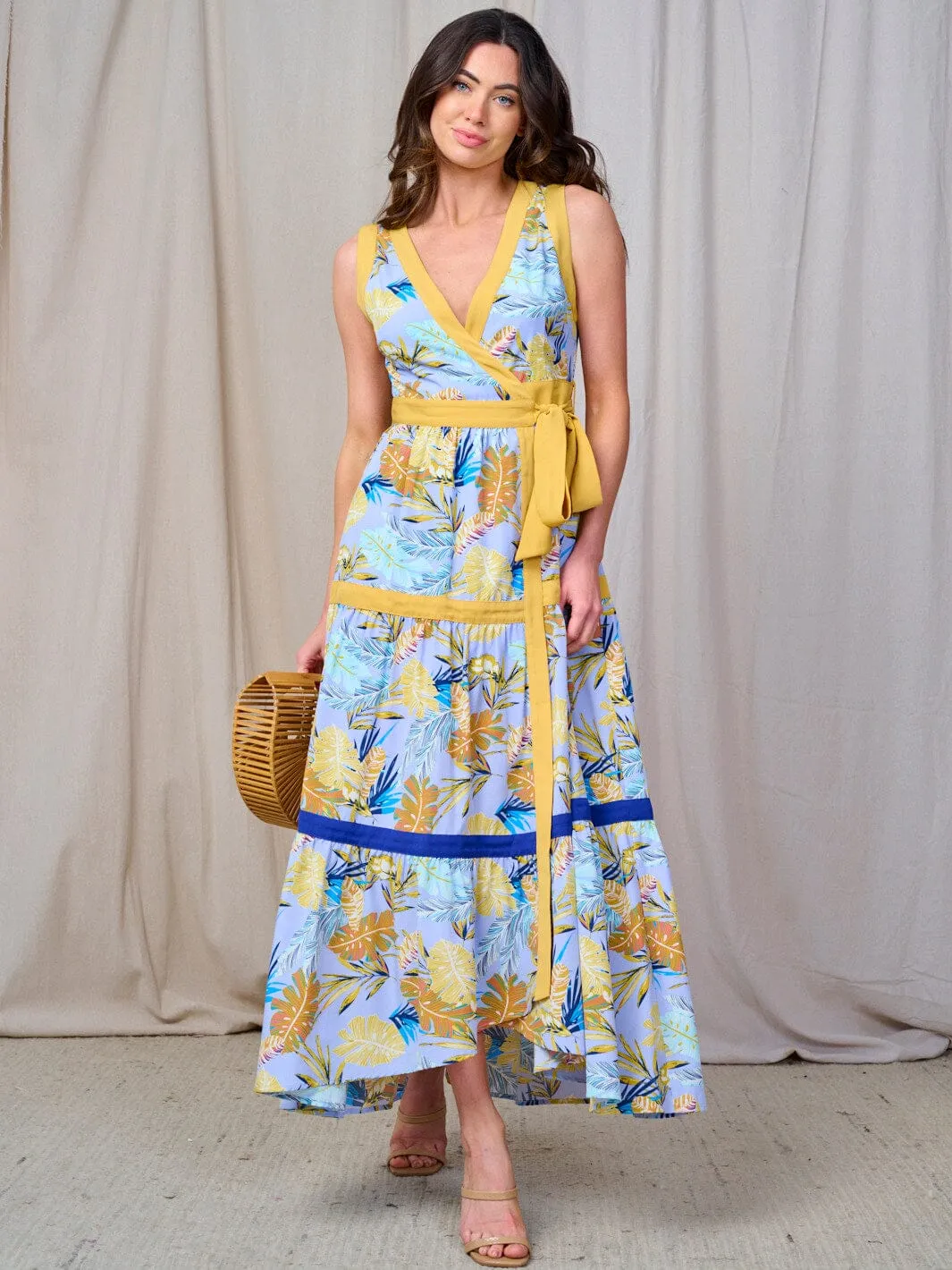 WOMEN'S SLEEVELESSTIERED COLORBLOCK FLORAL WRAP MAXI DRESS