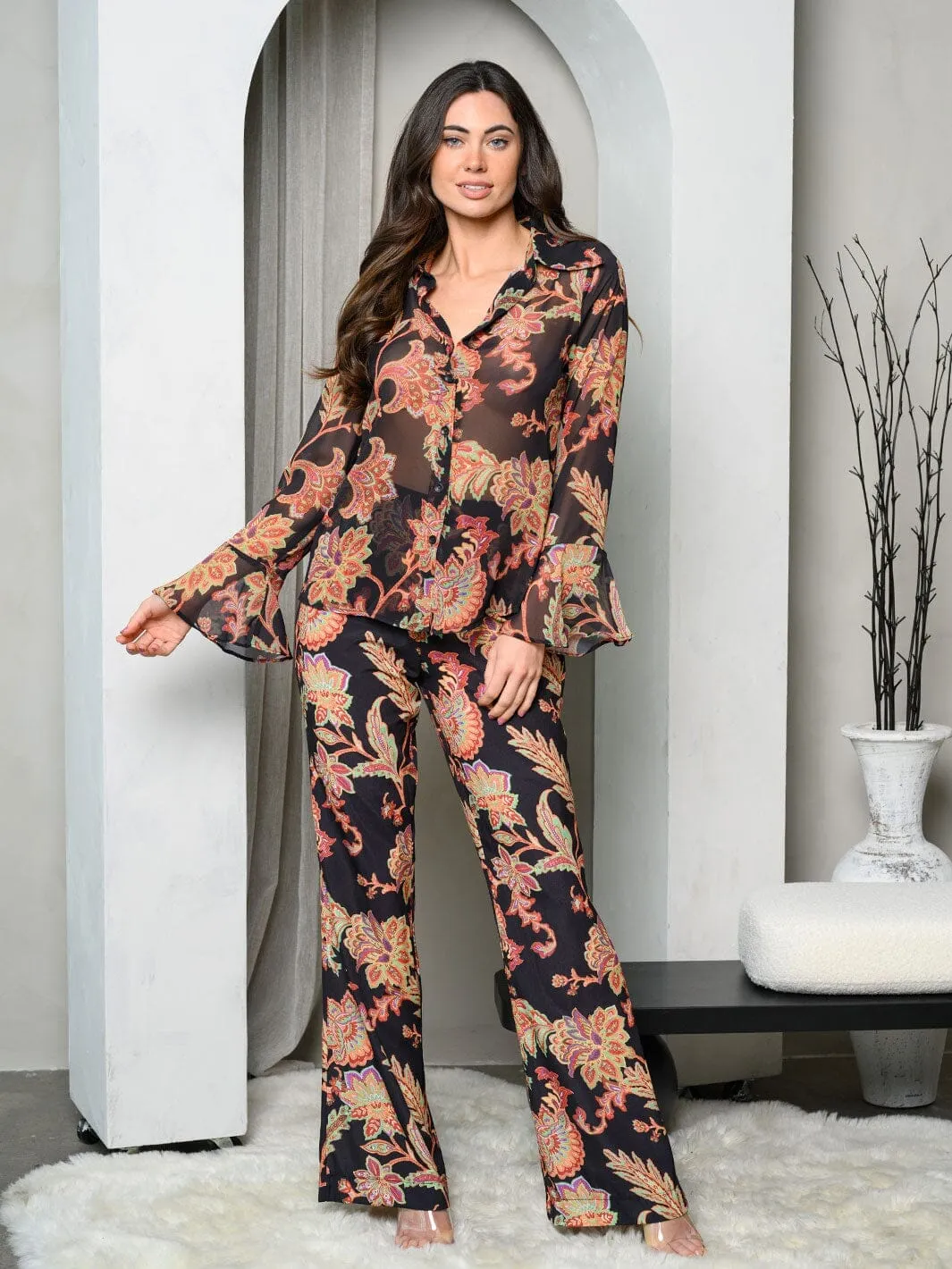 WOMEN'S WIDE LEG PANTS MULTI PRINT PANTS