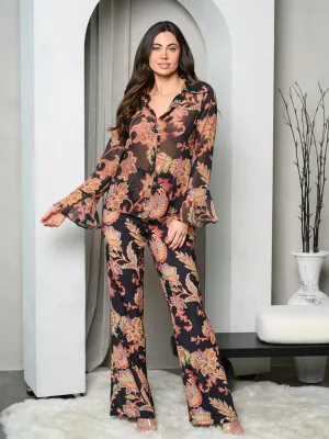 WOMEN'S WIDE LEG PANTS MULTI PRINT PANTS