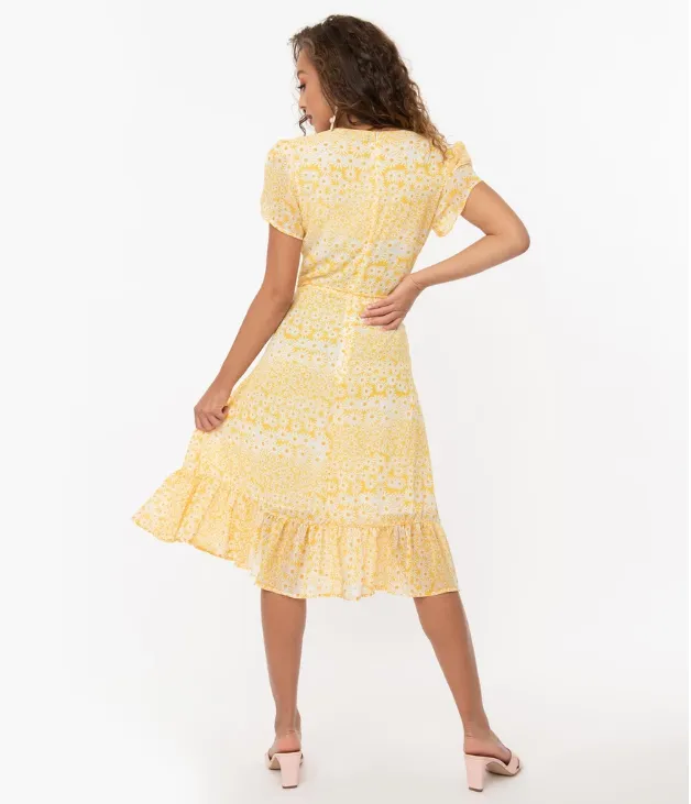 Yellow Daisy Print Wrap Dress