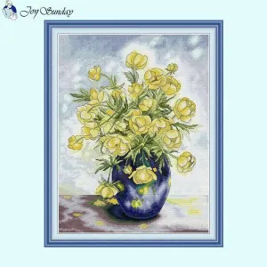 Yellow Flowers with Vase DIY Floral Stitch Kit Stamped Fabric