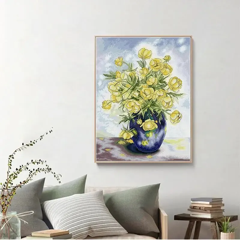 Yellow Flowers with Vase DIY Floral Stitch Kit Stamped Fabric