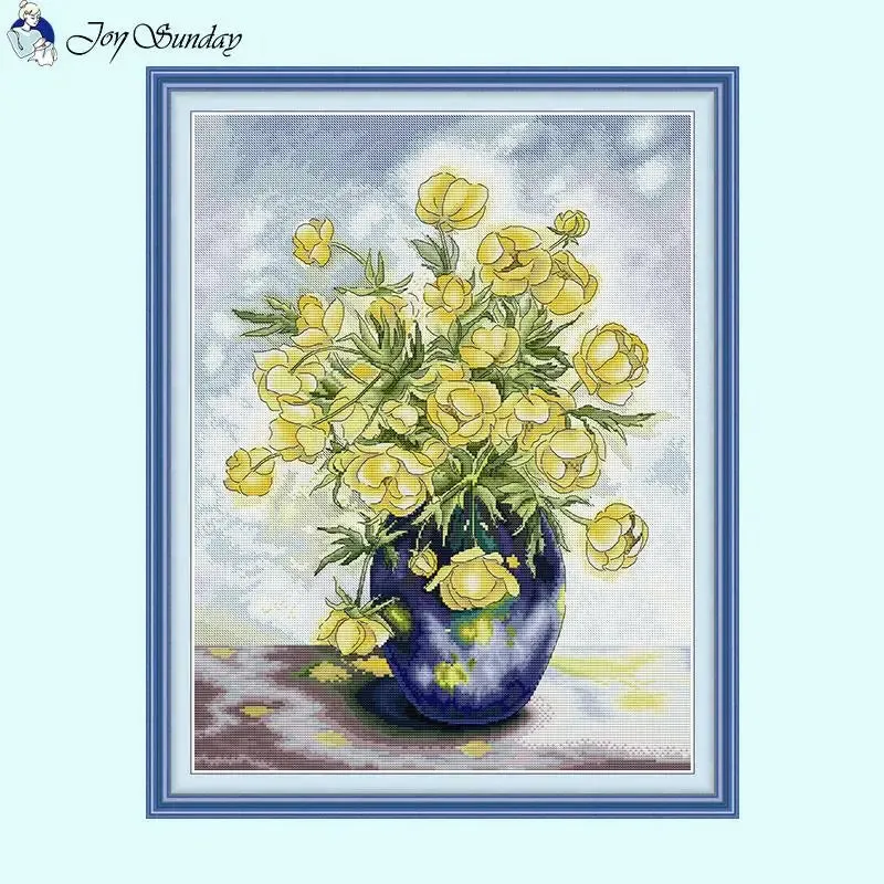 Yellow Flowers with Vase DIY Floral Stitch Kit Stamped Fabric