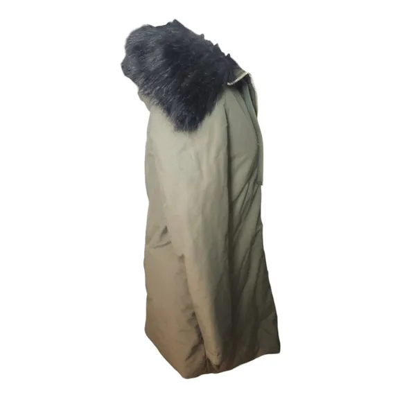 Zara Basic Outerwear Olive Green Parka Coat XS Faux Fur Hood Oversized