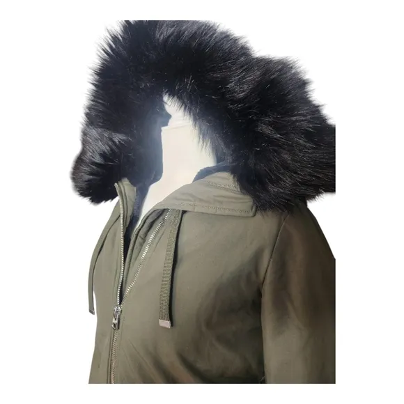 Zara Basic Outerwear Olive Green Parka Coat XS Faux Fur Hood Oversized