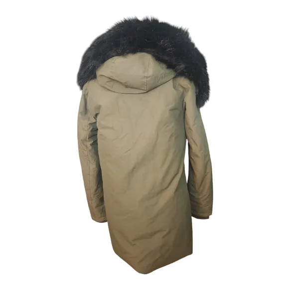 Zara Basic Outerwear Olive Green Parka Coat XS Faux Fur Hood Oversized