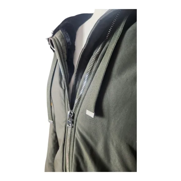 Zara Basic Outerwear Olive Green Parka Coat XS Faux Fur Hood Oversized
