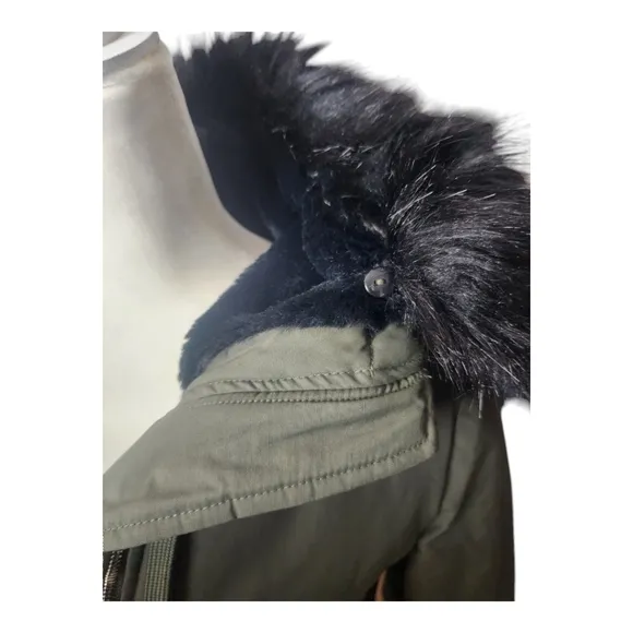 Zara Basic Outerwear Olive Green Parka Coat XS Faux Fur Hood Oversized