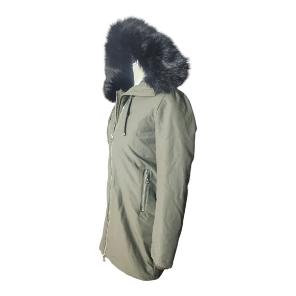 Zara Basic Outerwear Olive Green Parka Coat XS Faux Fur Hood Oversized