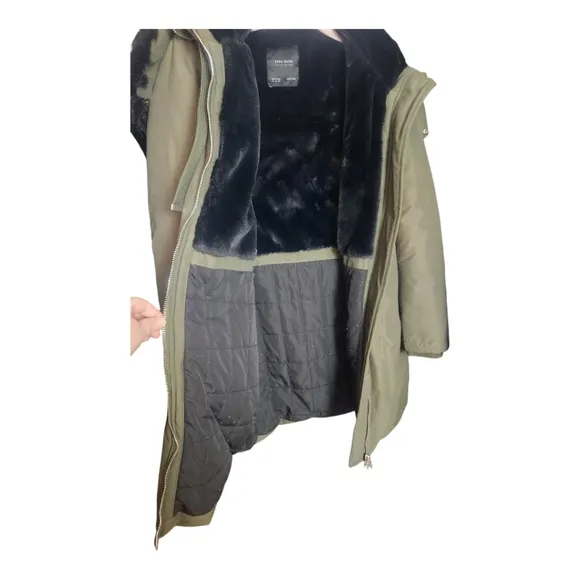 Zara Basic Outerwear Olive Green Parka Coat XS Faux Fur Hood Oversized