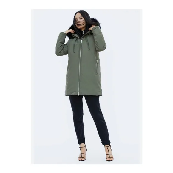 Zara Basic Outerwear Olive Green Parka Coat XS Faux Fur Hood Oversized