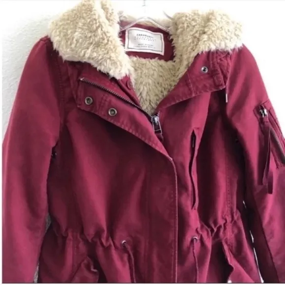 Zara Red Faux Sherpa Lined Parka Coat