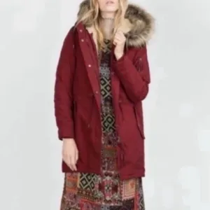 Zara Red Faux Sherpa Lined Parka Coat